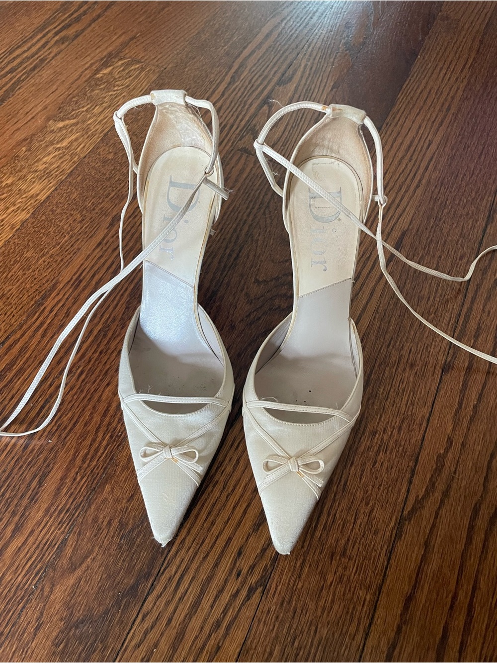 Dior Ivory Pointed-Toe Lace-Up Heels with Bow